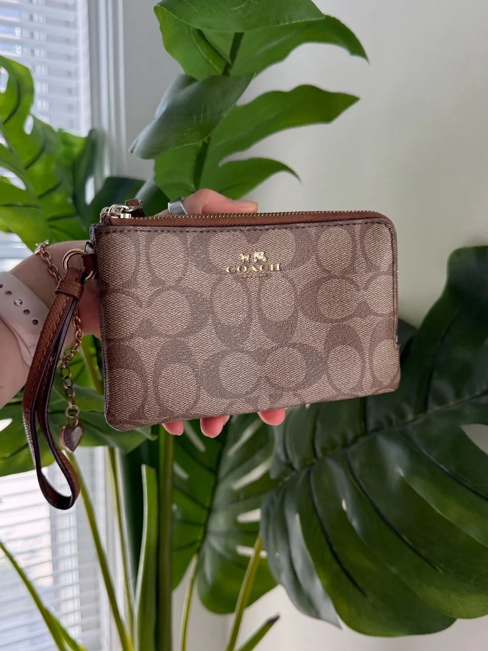 Coach Brown Signature Zip Wristlet with Wrist Strap